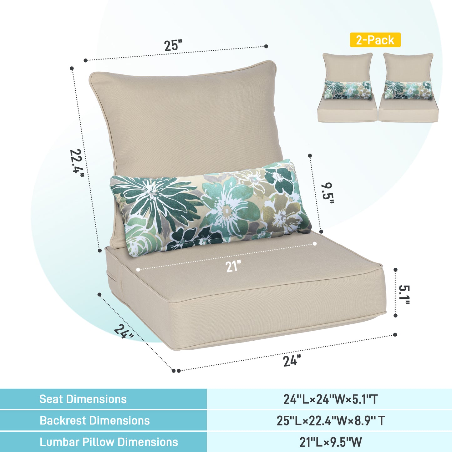 Patio Deep Chair Cushion, 2 Back 2 Seater 2 Pillow, Brown