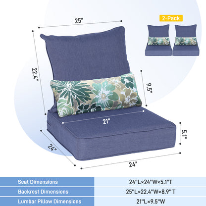 Patio Deep Chair Cushion, 2 Back 2 Seater 2 Pillow, Dark Blue
