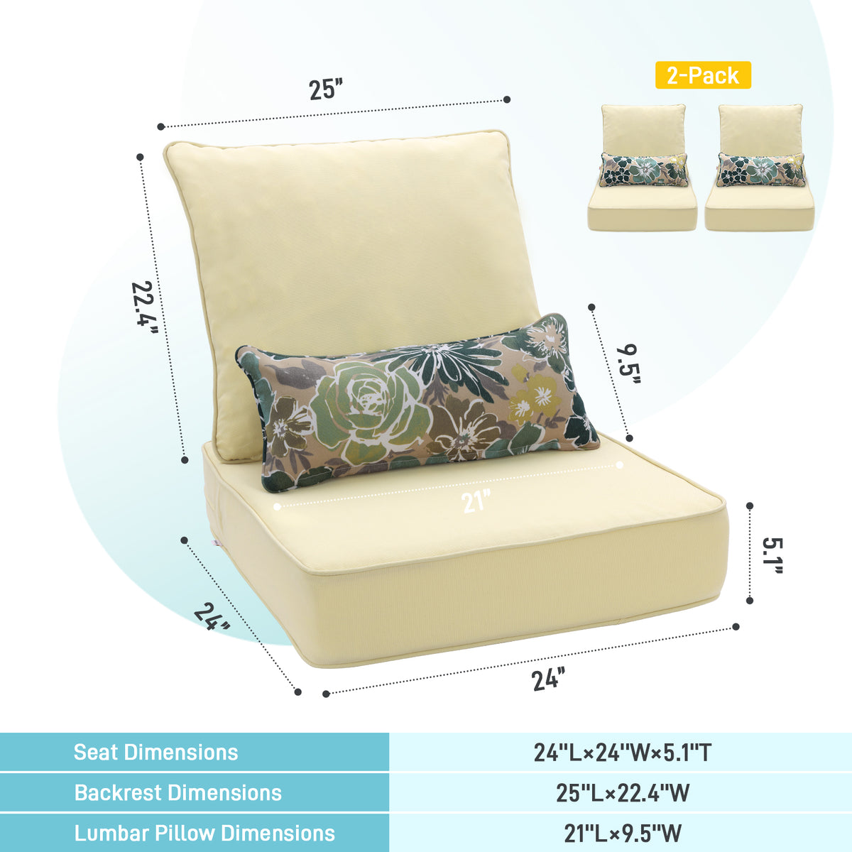 Outdoor Deep Seat Cushion Set with Lumbar Pillow, Patio Chair Back & Seat Cushions, Cream Yellow