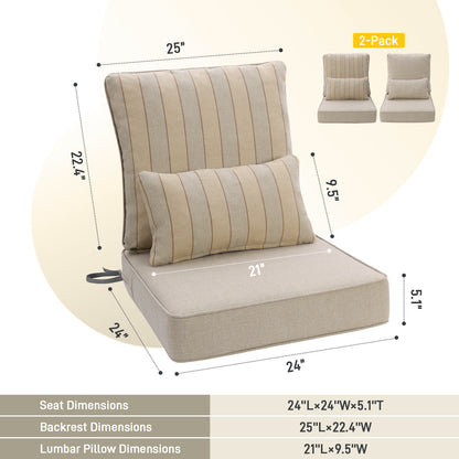 Outdoor Deep Seat Cushion Set with Lumbar Pillow, Patio Chair Back & Seat Cushions, Khaki Stripes