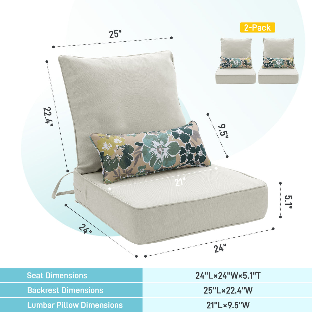 Outdoor Deep Seat Cushion Set with Lumbar Pillow, Patio Chair Back & Seat Cushions, Light Gray
