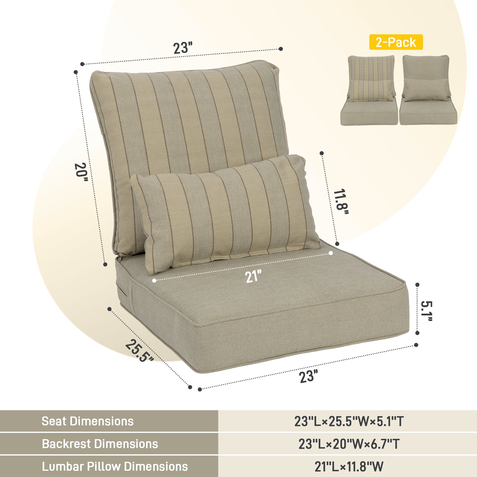 Patio Deep Chair Cushion, 2 Back 2 Seater 2 Pillow, Khaki Stripe