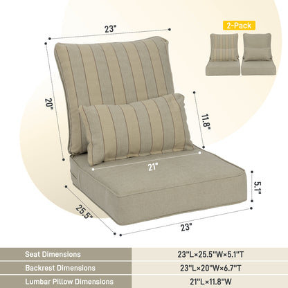 Patio Deep Chair Cushion, 2 Back 2 Seater 2 Pillow, Khaki Stripe