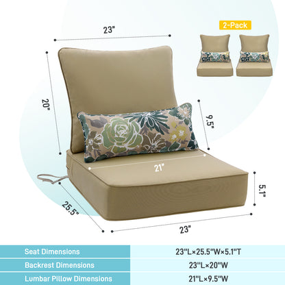 Outdoor Deep Seat Cushion Set with Lumbar Pillow, Patio Chair Back & Seat Cushions, Brown
