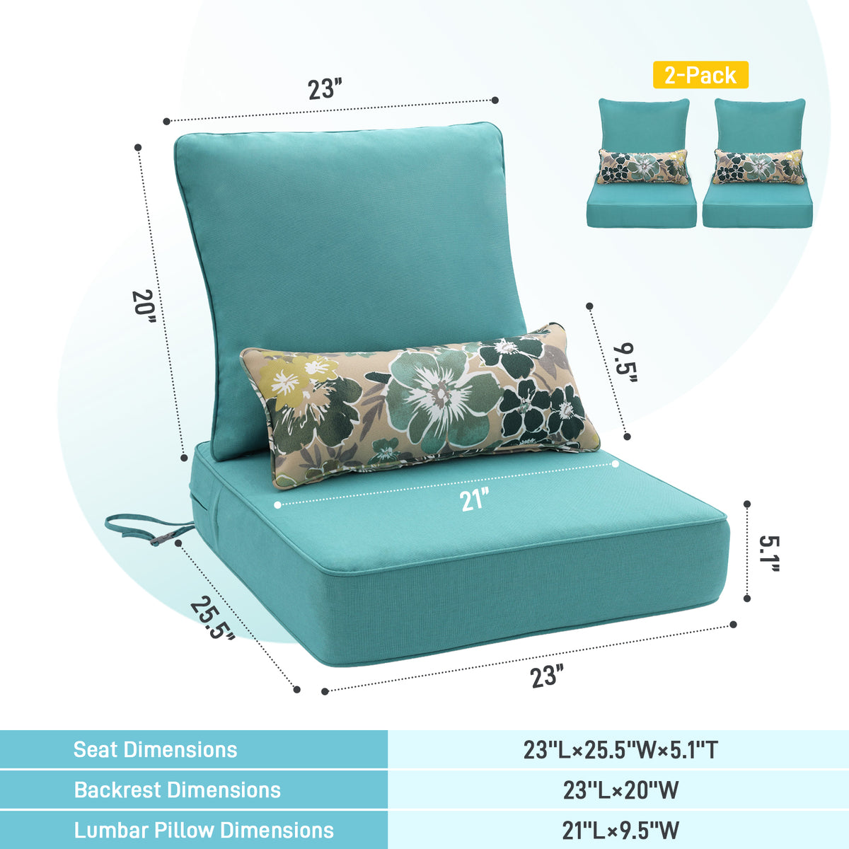 Outdoor Deep Seat Cushion Set with Lumbar Pillow, Blue