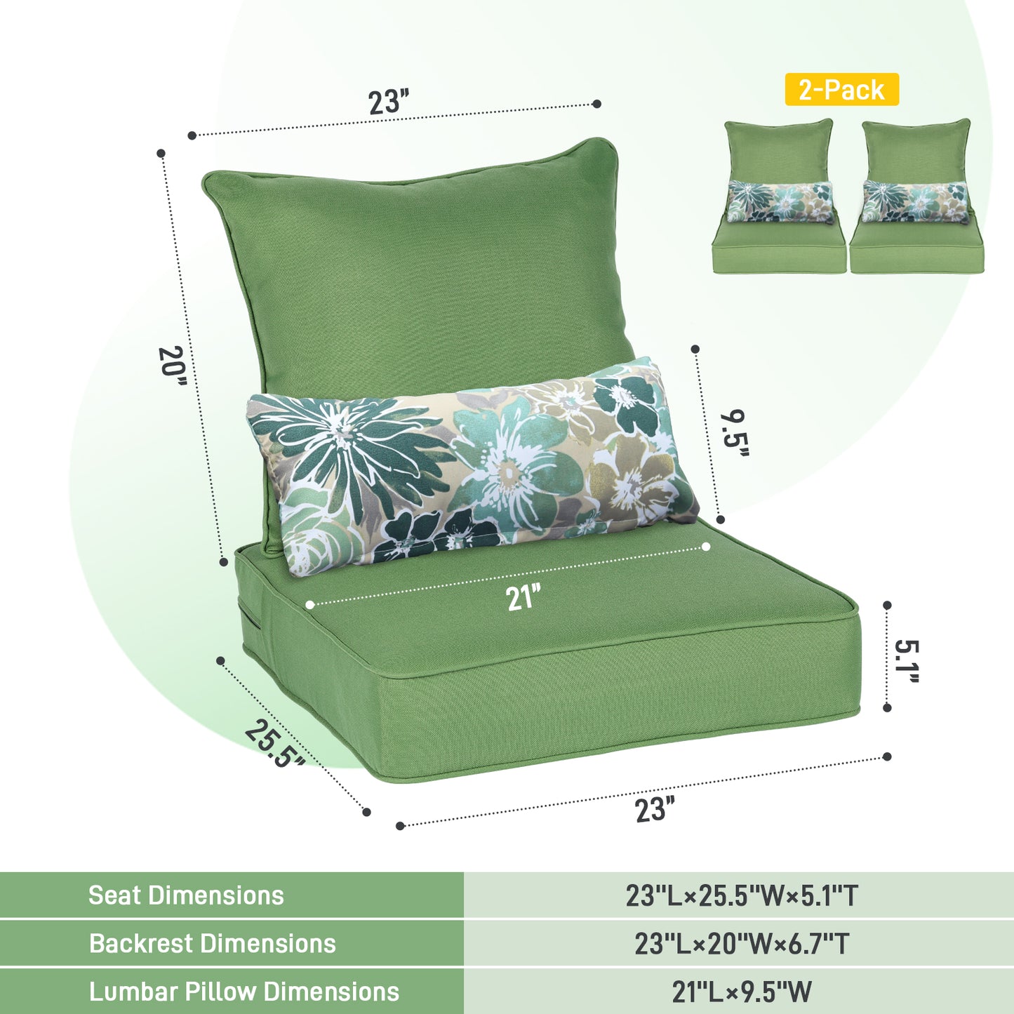 Patio Deep Chair Cushion, 2 Back 2 Seater 2 Pillow, Green