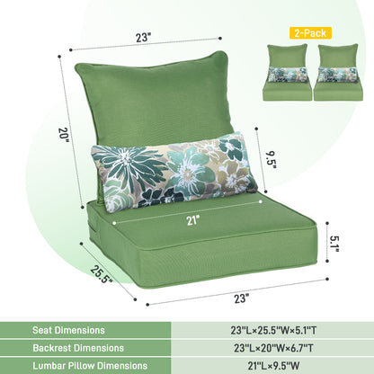Patio Deep Chair Cushion, 2 Back 2 Seater 2 Pillow, Green