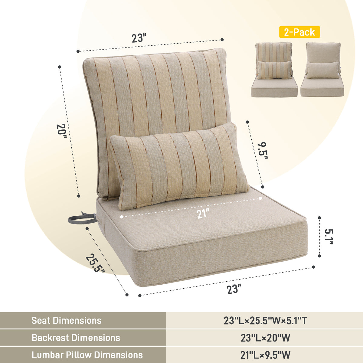 Outdoor Deep Seat Cushion Set with Lumbar Pillow, Patio Chair Back & Seat Cushions, Khaki Stripes