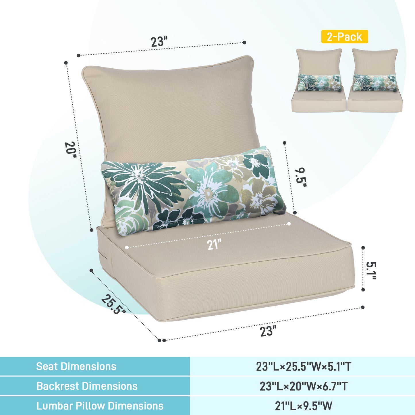 Patio Deep Chair Cushion, 2 Back 2 Seater 2 Pillow, Brown