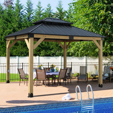 10'x12'/10'x10' Outdoor Patio Wooden Frame Gazebo with Galvanized Metal Hardtop Roof and Charging Socket