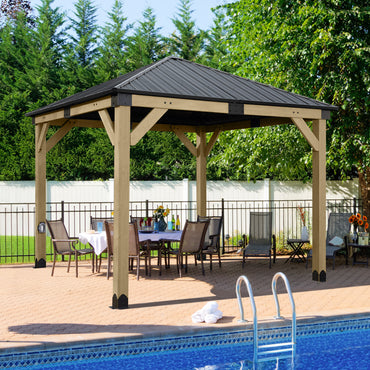 10'x10' Outdoor Patio Wooden Frame Gazebo with Galvanized Metal Hardtop Roof and Charging Socket