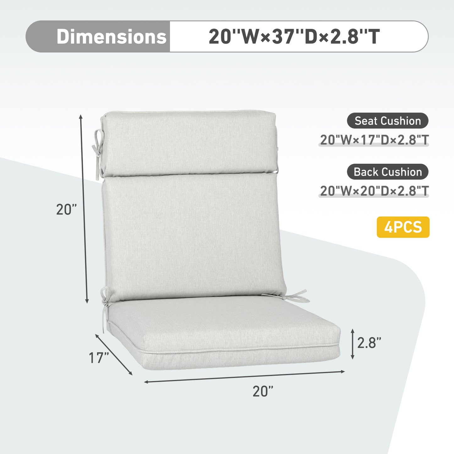 Outdoor High Back Dining Chair Cushion Set, Polyester Fabric, TPU Water Repellent Coating, Light Gray Aoodor 