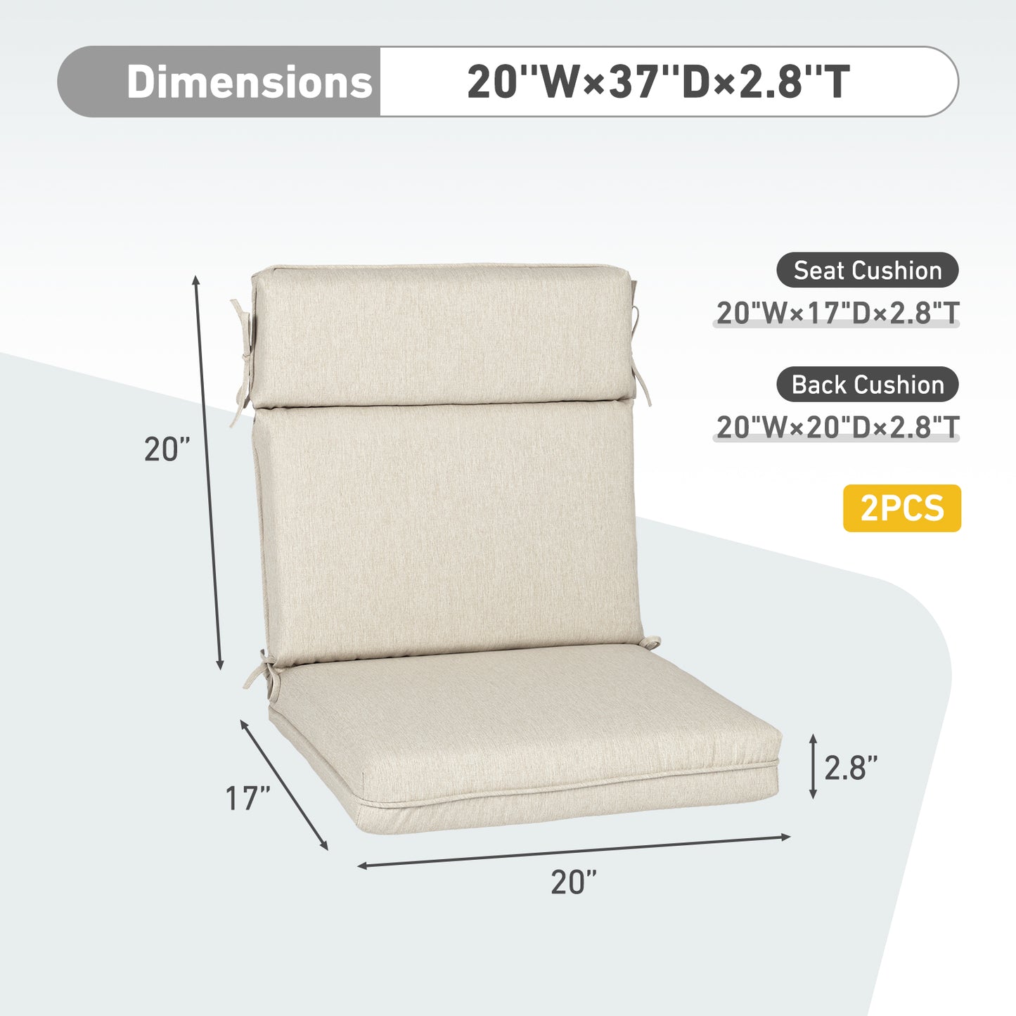 Outdoor High Back Dining Chair Cushion Set, Polyester Fabric, TPU Water Repellent Coating, Light Taupe Aoodor 