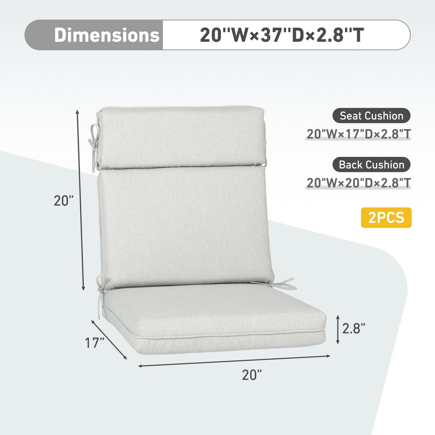 Outdoor High Back Dining Chair Cushion Set, Polyester Fabric, TPU Water Repellent Coating, Light Gray Aoodor 
