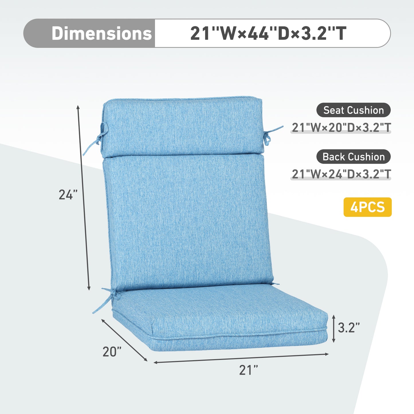 Outdoor High Back Dining Chair Cushion Set, Polyester Fabric, TPU Water Repellent Coating, Lake Blue Aoodor 