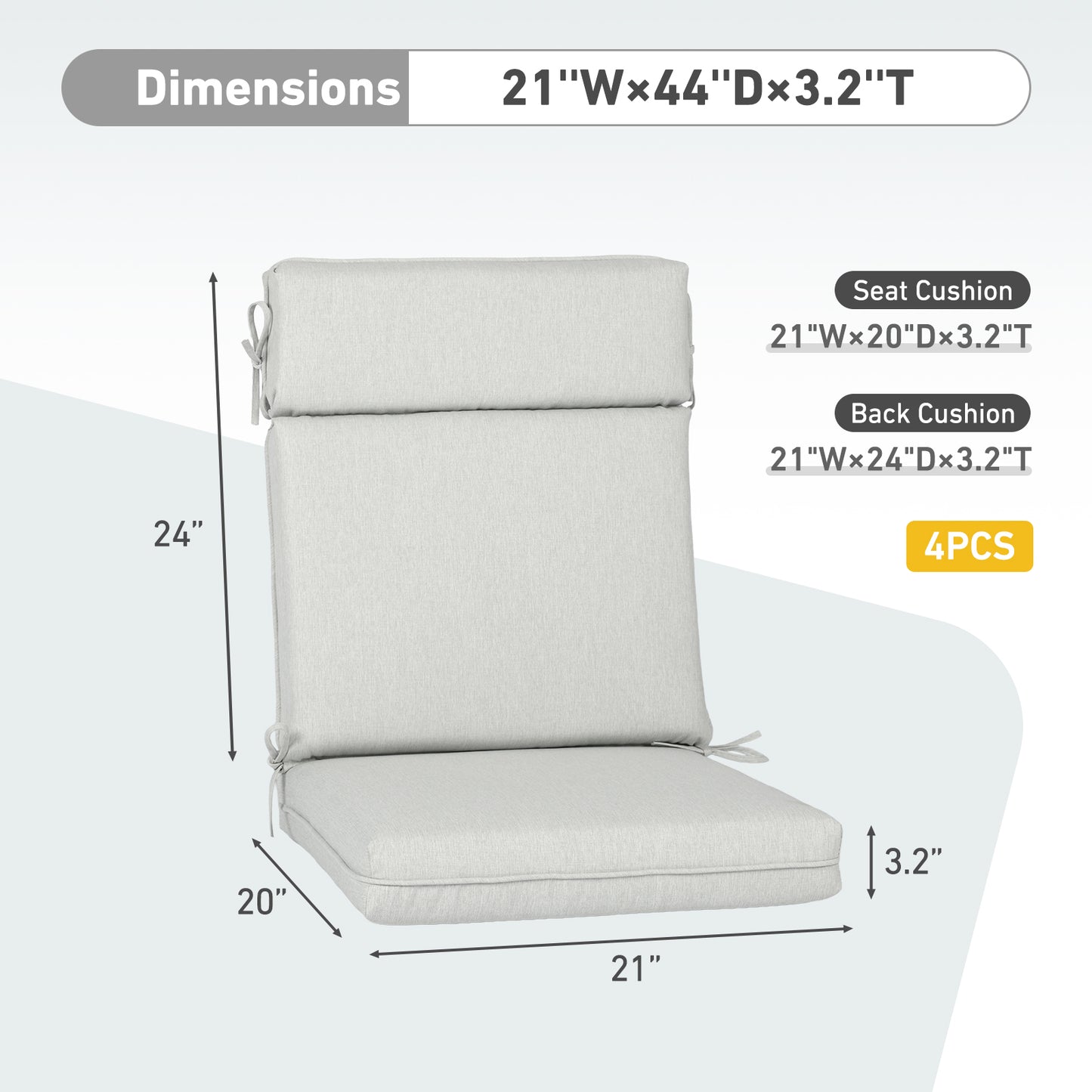 Outdoor High Back Dining Chair Cushion Set, Polyester Fabric, TPU Water Repellent Coating, Light Gray Aoodor 