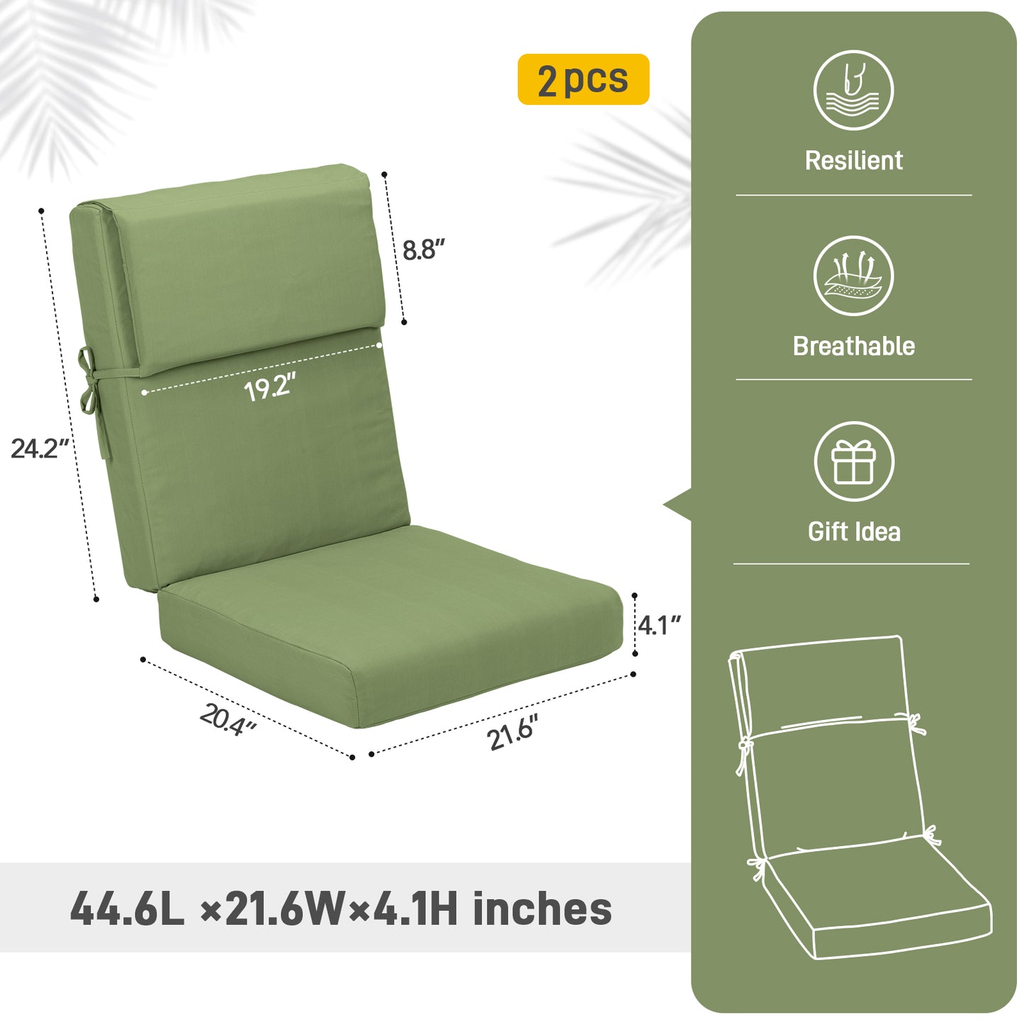 45x22x4 inch Patio High Back Chair Cushions - Green