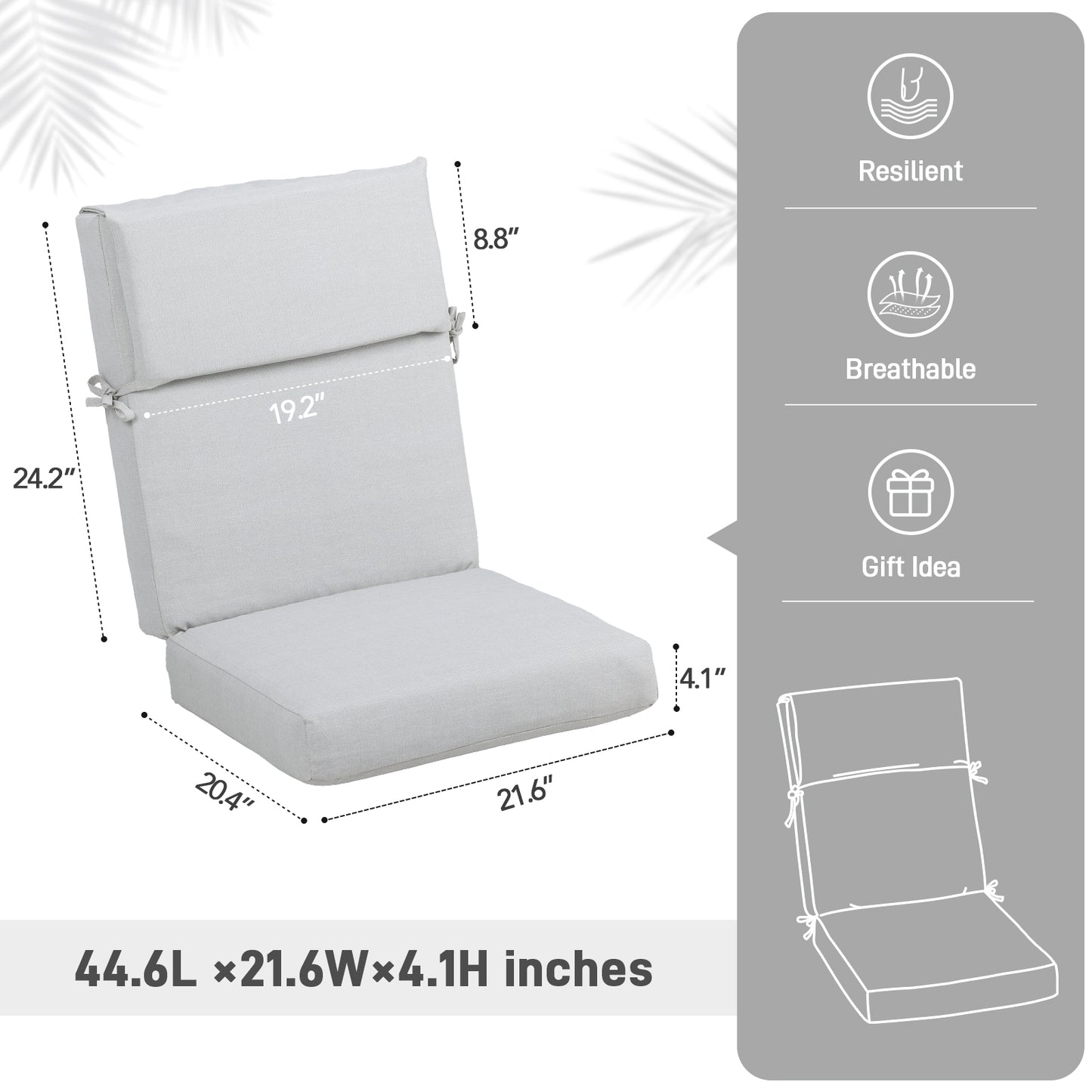 45x22x4 inch Patio High Back Chair Cushions - Light Gray