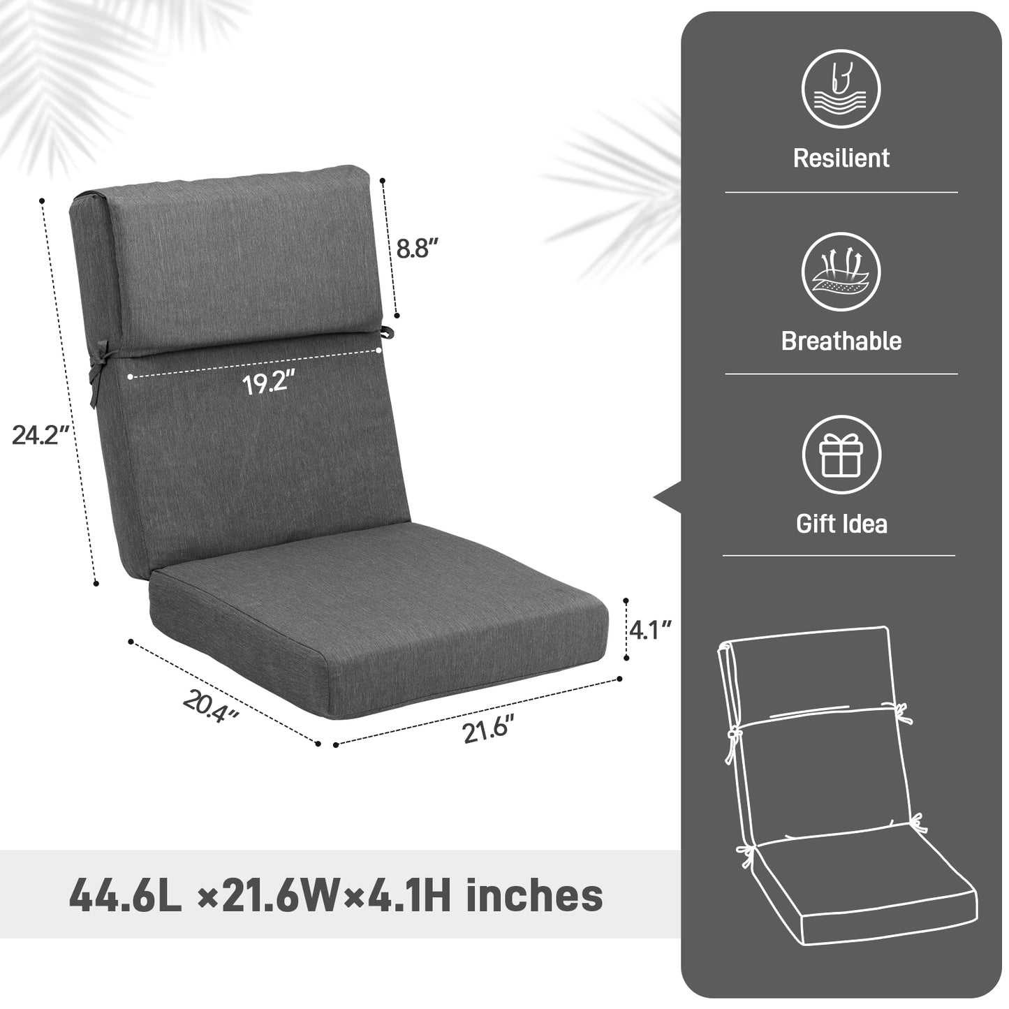 45x22x4 inch Patio High Back Chair Cushions - Charcoal