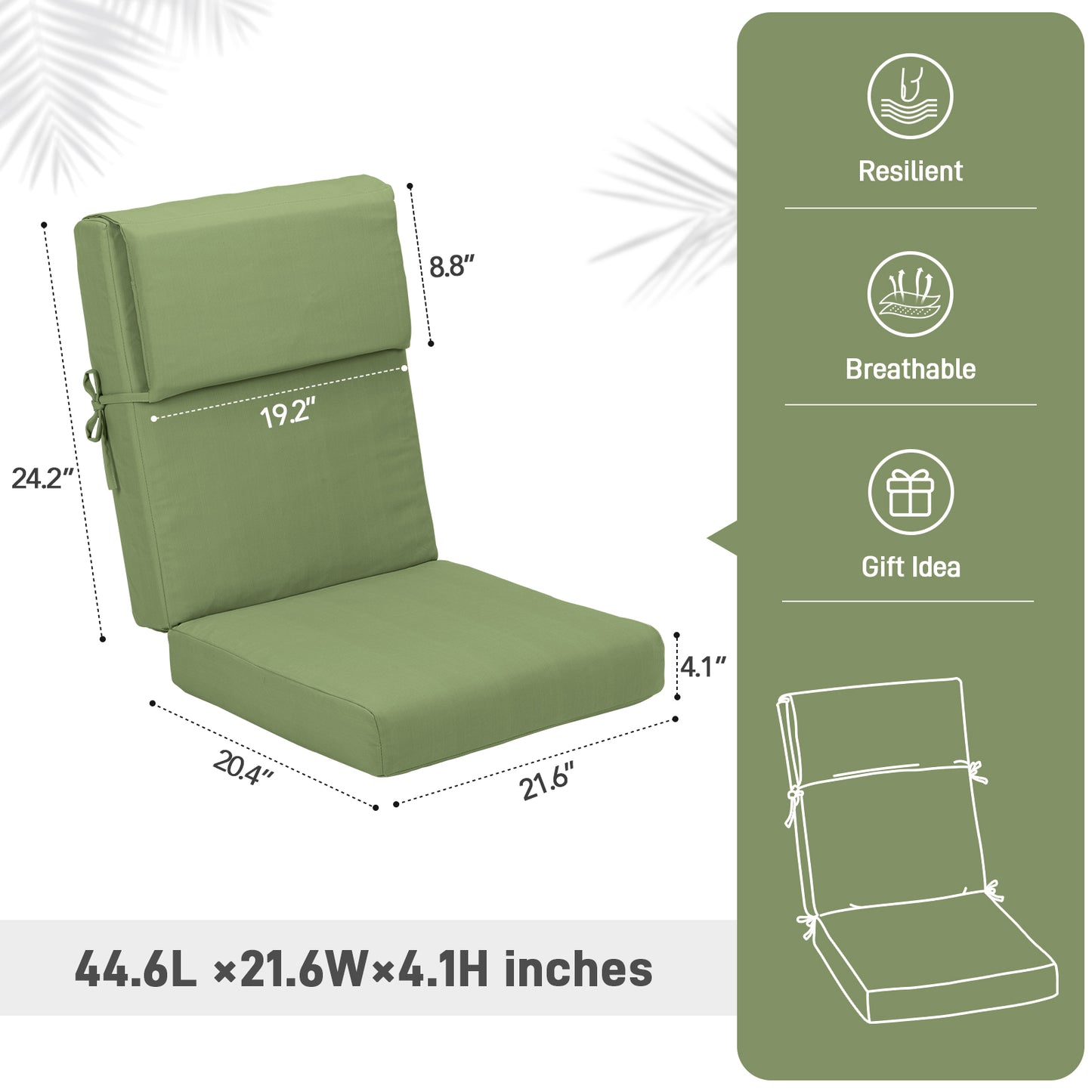 45x22x4 inch Patio High Back Chair Cushions - Green
