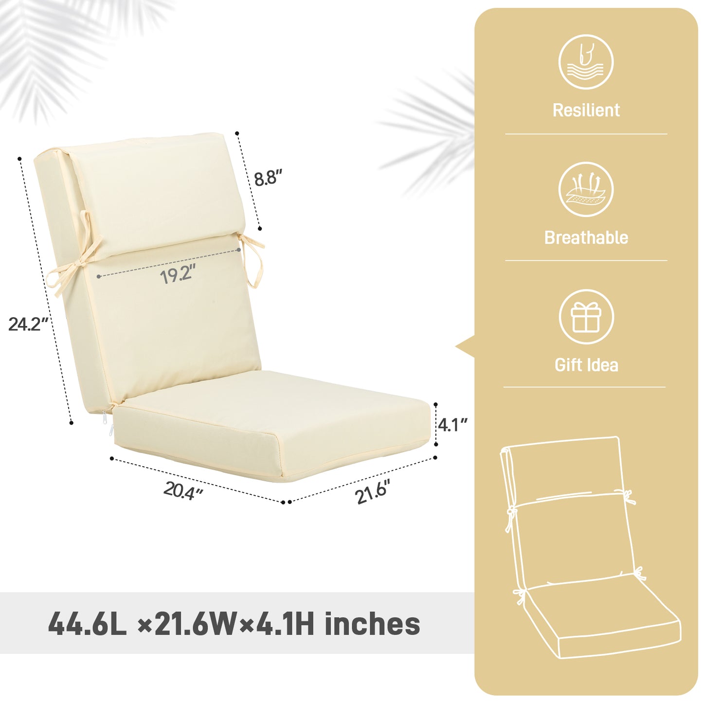 45x22x4 inch Patio High Back Chair Cushions - Cream Yellow