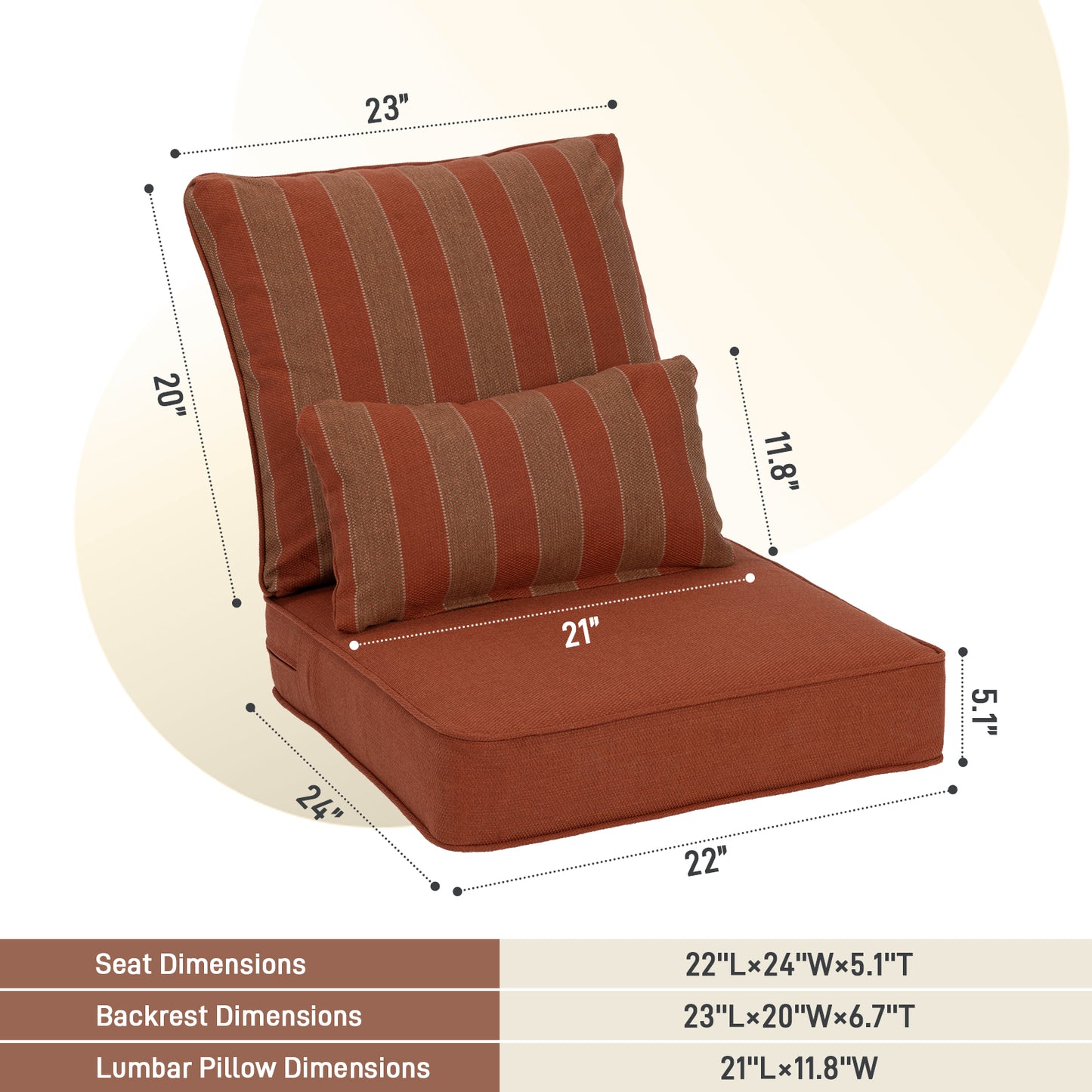 Outdoor Deep Seat Cushion Set with Lumbar Pillow, Patio Chair Back & Seat Cushions, Wine Red Stripes