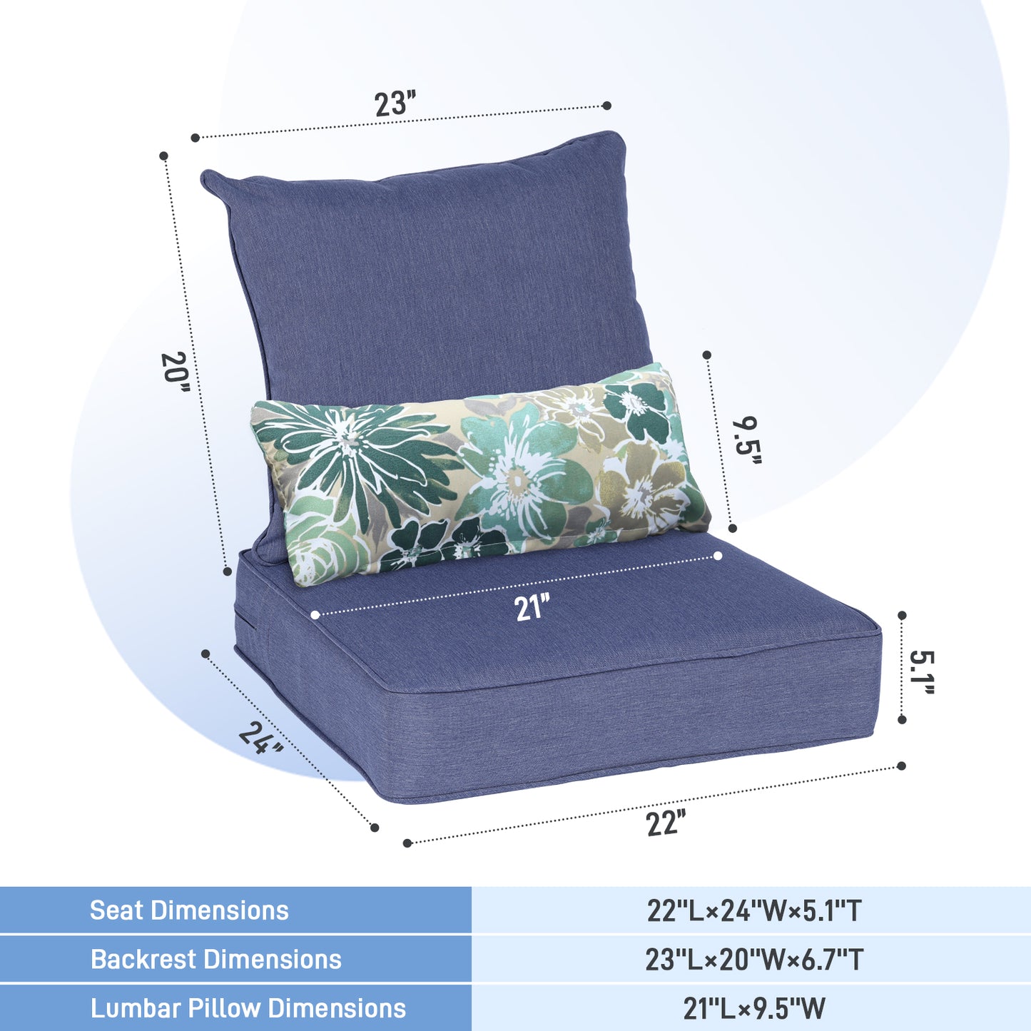 Outdoor Deep Seat Cushion Set with Lumbar Pillow, Patio Chair Back & Seat Cushions, Navy Blue