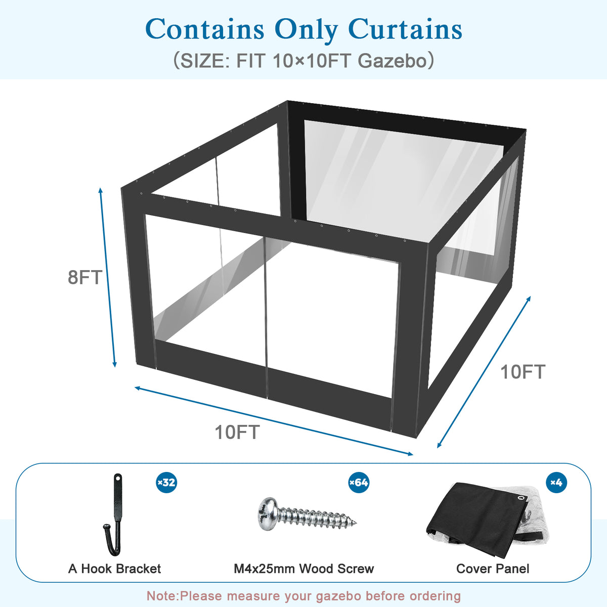 Aoodor Clear PVC Gazebo Curtains 10x10ft Outdoor Water-repellent Windproof