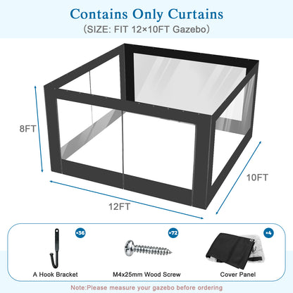 Aoodor Clear PVC Gazebo Curtains 10x10ft Outdoor Water-repellent Windproof