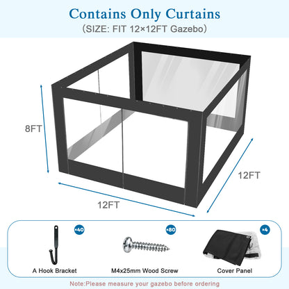 Aoodor Clear PVC Gazebo Curtains 10x10ft Outdoor Water-repellent Windproof