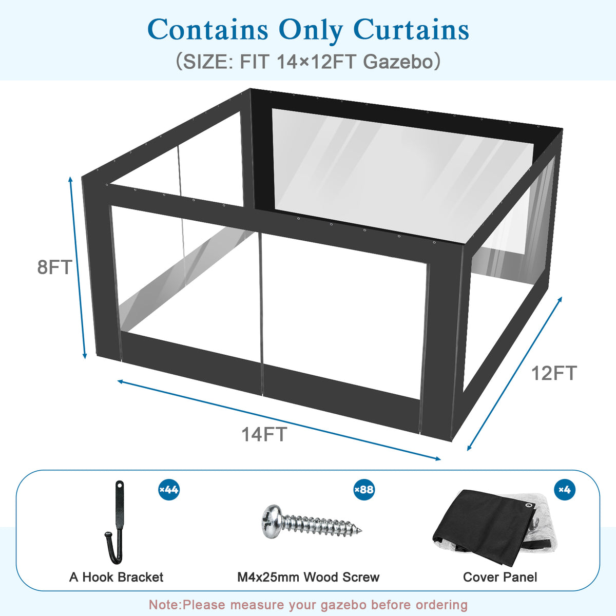 Aoodor Clear PVC Gazebo Curtains 10x10ft Outdoor Water-repellent Windproof