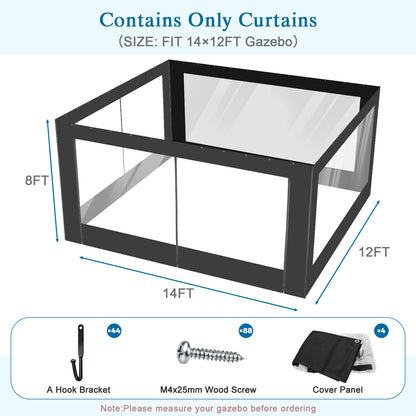 Aoodor Clear PVC Gazebo Curtains 10x10ft Outdoor Water-repellent Windproof