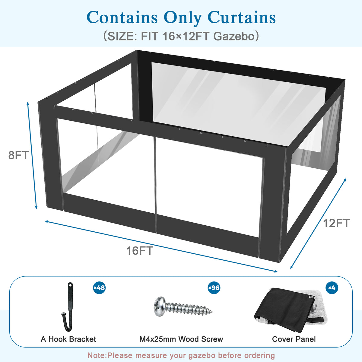Aoodor Clear PVC Gazebo Curtains 10x10ft Outdoor Water-repellent Windproof