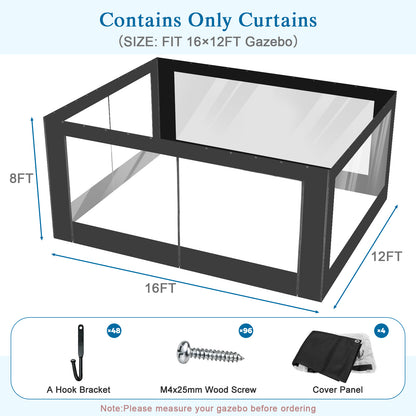 Aoodor Clear PVC Gazebo Curtains 10x10ft Outdoor Water-repellent Windproof