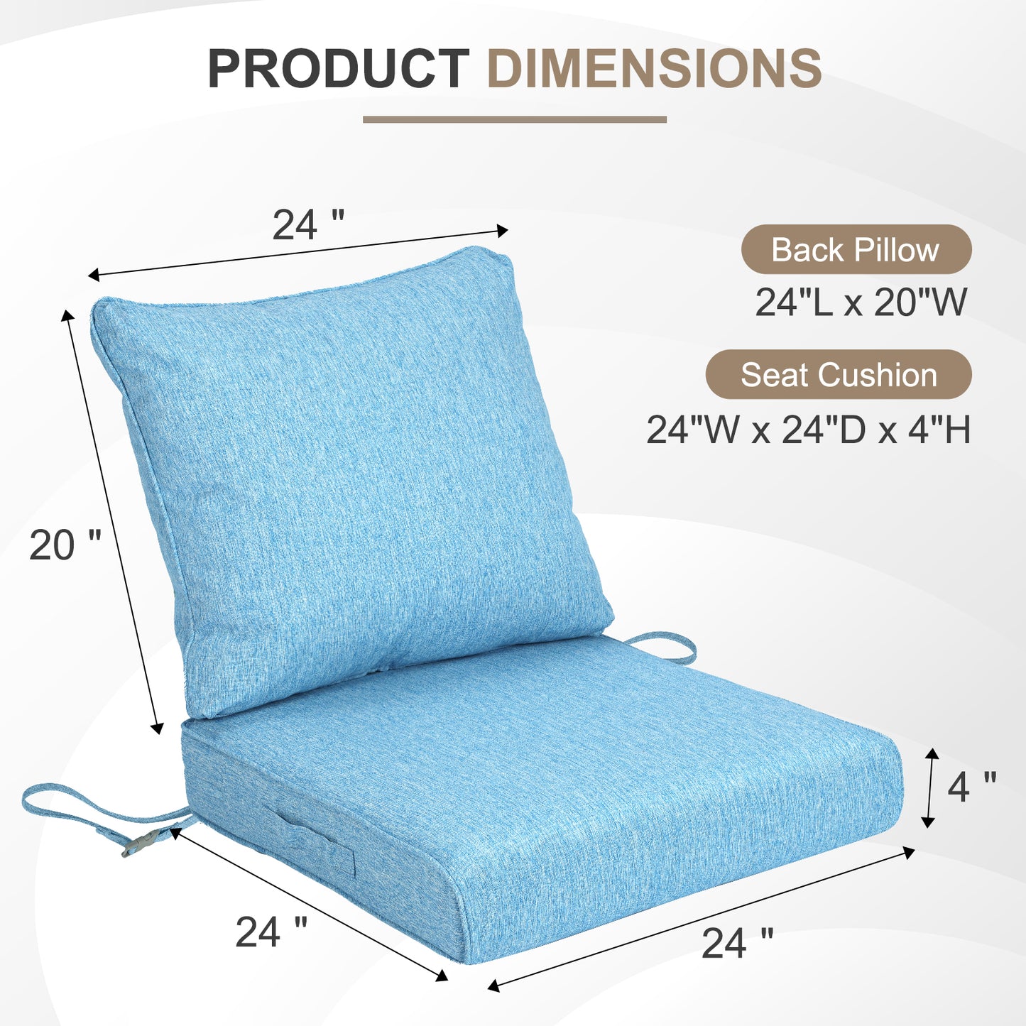 Waterproof Outdoor Deep Seat Cushion Set with Adjustable Straps & Removable Cover - Lake Blue Aoodor 