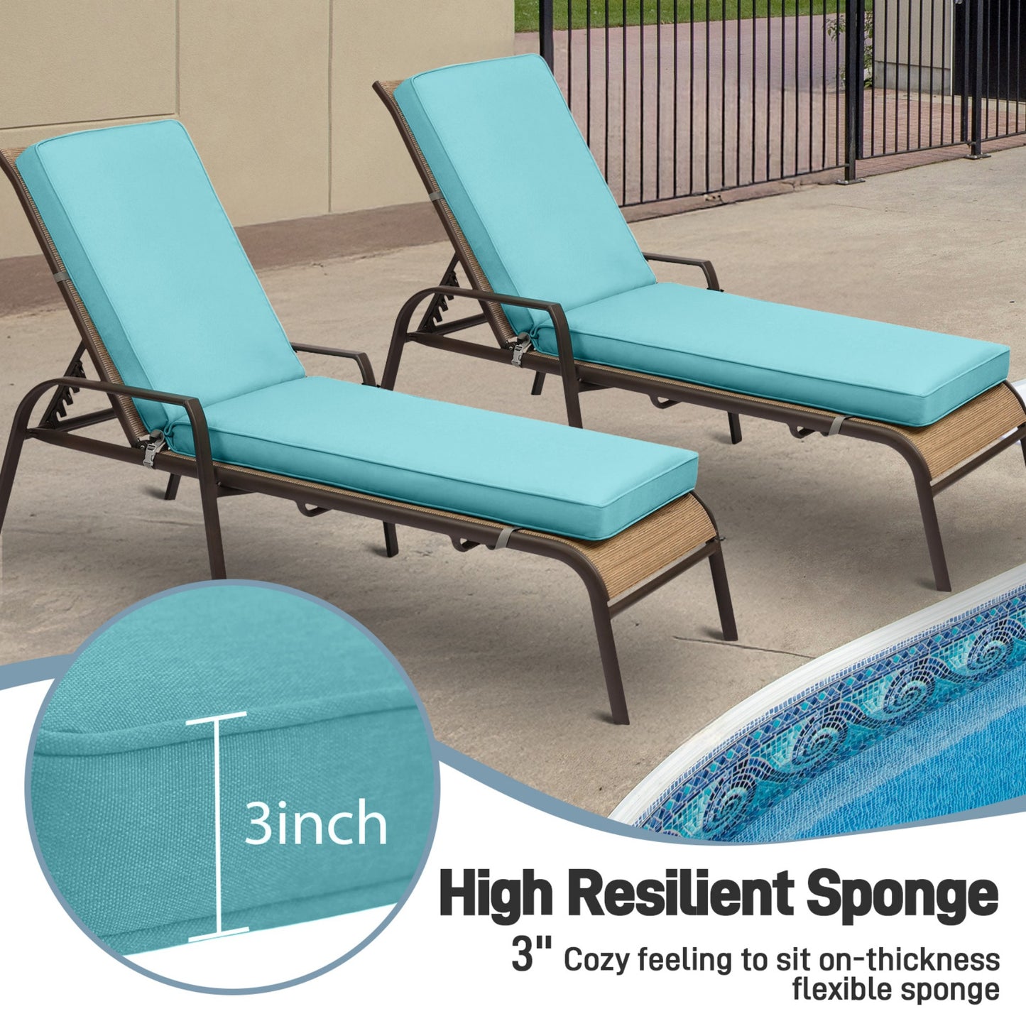 72x21x3 inch Patio Chaise Lounger Cushions Set of 2 - Blue Aoodor 