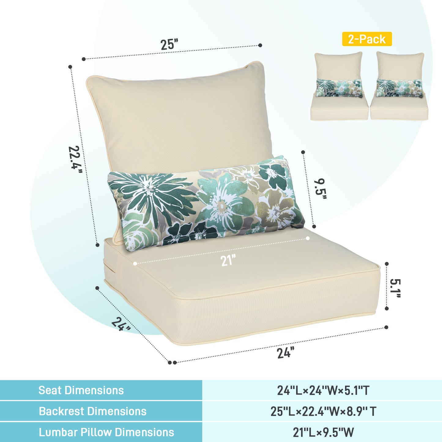 Patio Deep Chair Cushion, 2 Back 2 Seater 2 Pillow, Cream Yellow