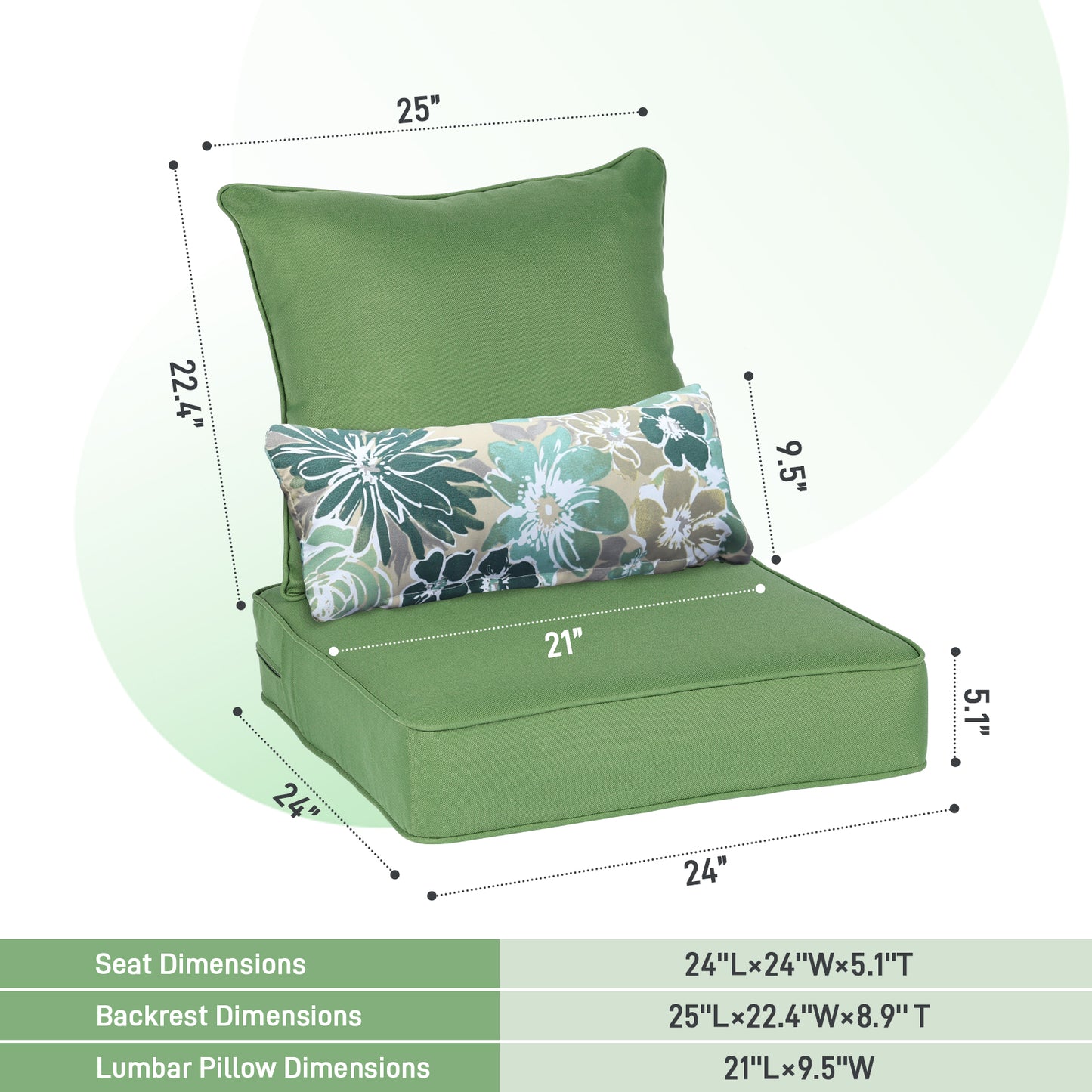 Outdoor Deep Seat Cushion Set with Lumbar Pillow, Patio Chair Back & Seat Cushions, Green
