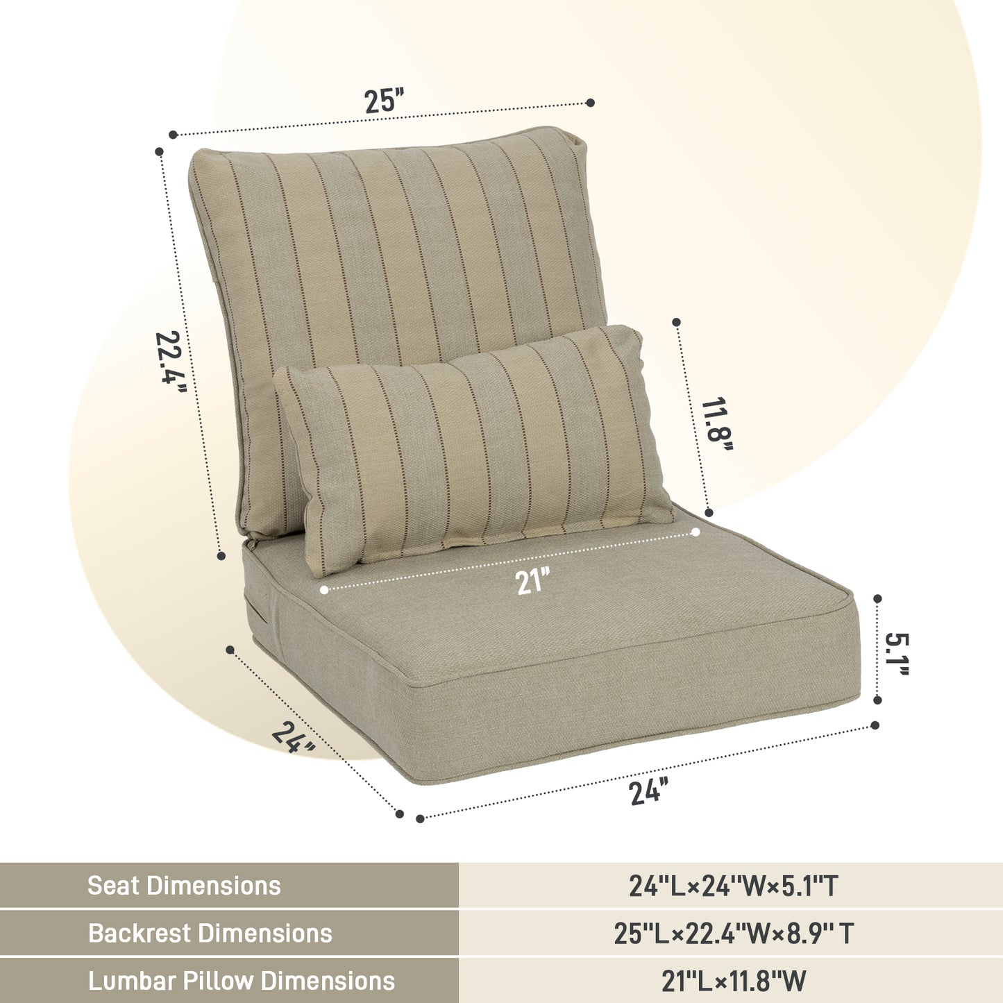 Outdoor Deep Seat Cushion Set with Lumbar Pillow, Patio Chair Back & Seat Cushions, Khaki Stripes