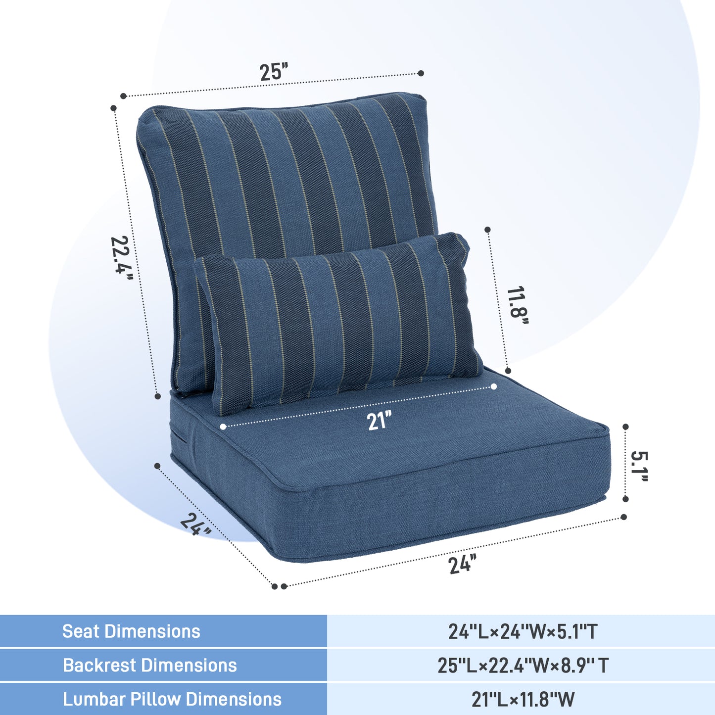 Outdoor Deep Seat Cushion Set with Lumbar Pillow, Patio Chair Back & Seat Cushions, Dark Blue Stripes
