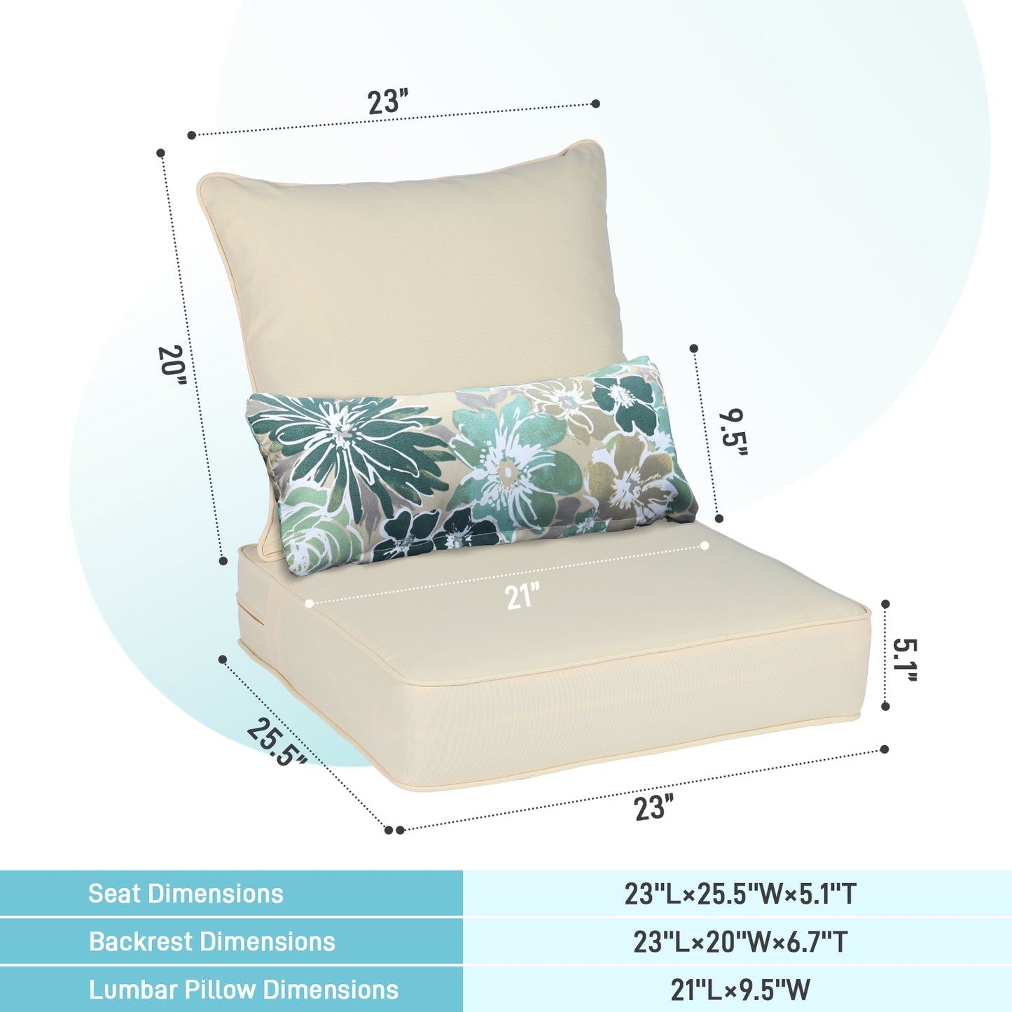 Outdoor Deep Seat Cushion Set with Lumbar Pillow, Patio Chair Back & Seat Cushions, Cream Yellow