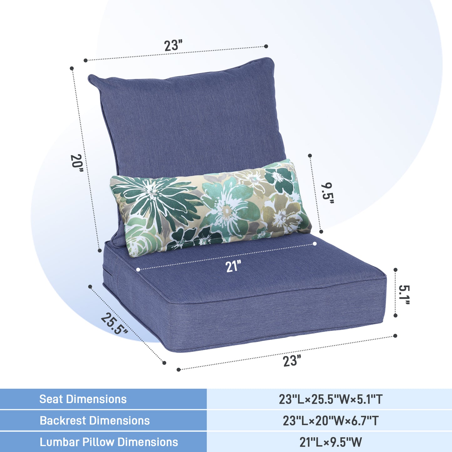Outdoor Deep Seat Cushion Set with Lumbar Pillow, Patio Chair Back & Seat Cushions, Navy Blue