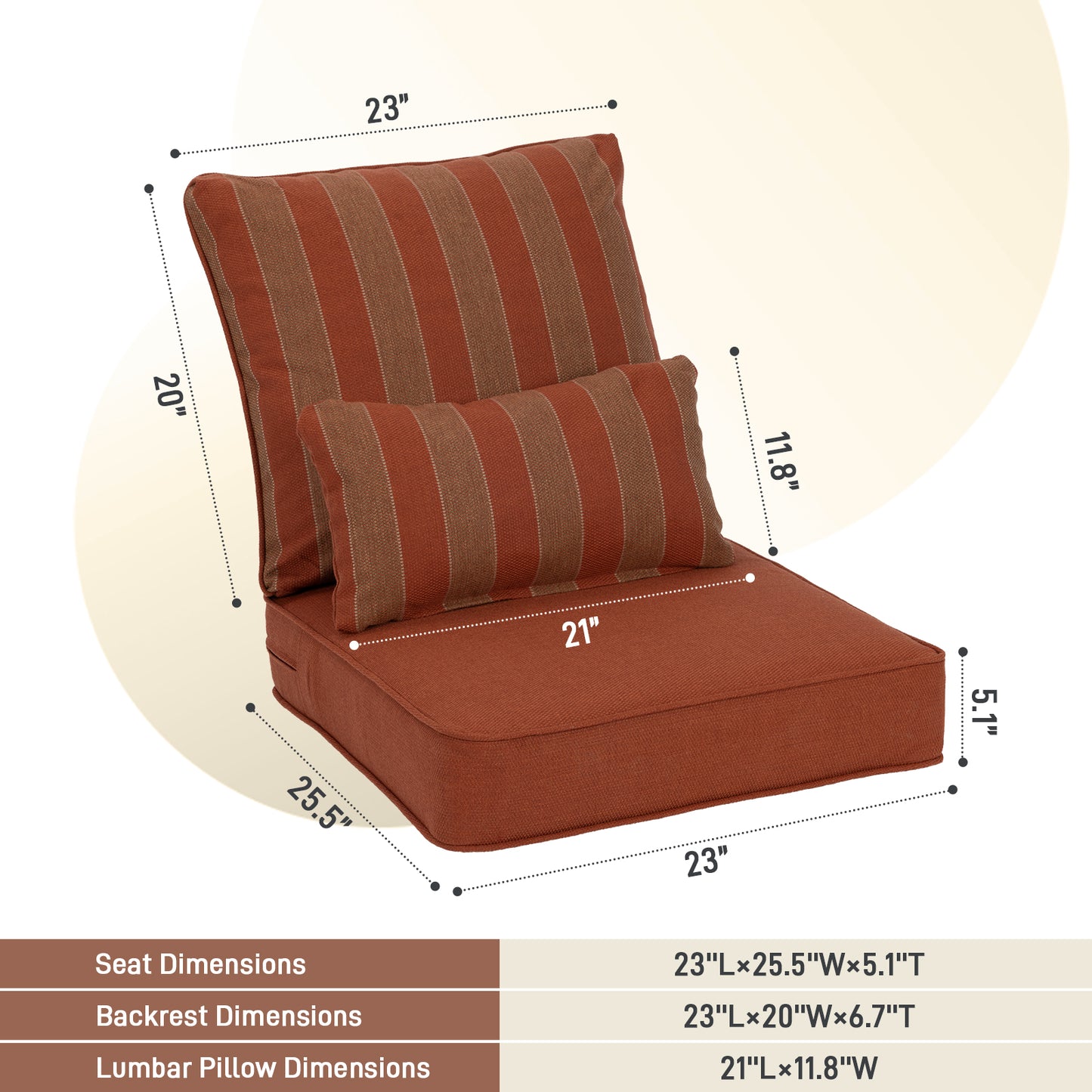 Outdoor Deep Seat Cushion Set with Lumbar Pillow, Patio Chair Back & Seat Cushions, Wine Red Stripes