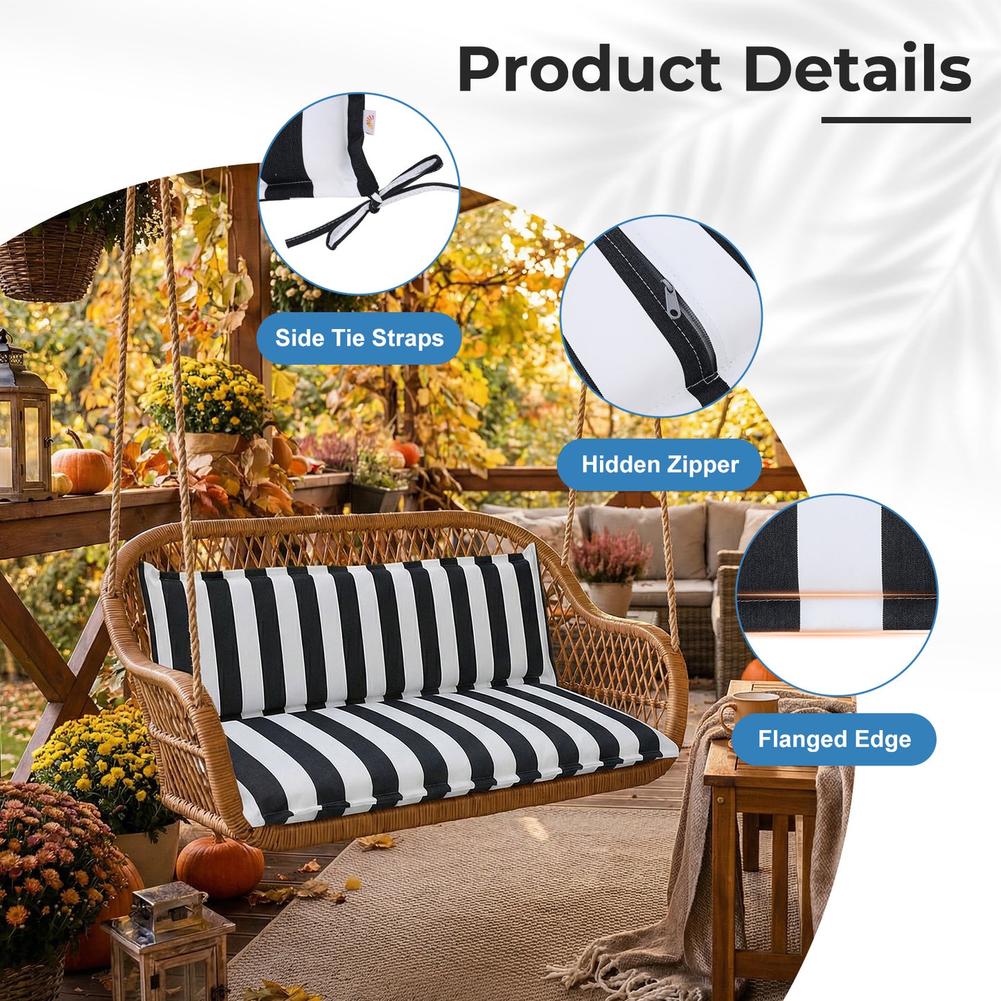 Outdoor 2-3 Seater Bench Cushion Set for Patio Swing and Bench, Black Stripe