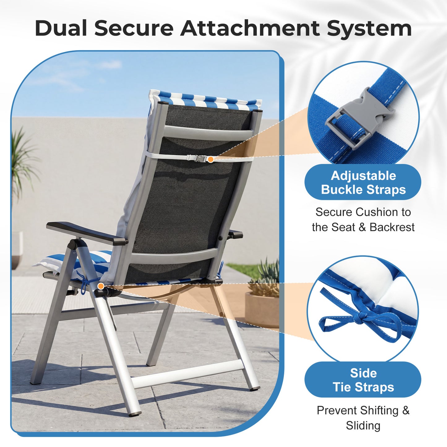 47x21x2.4 inch High Back Patio Chair Cushions with Headrest, Multi-Section, Blue Stripe