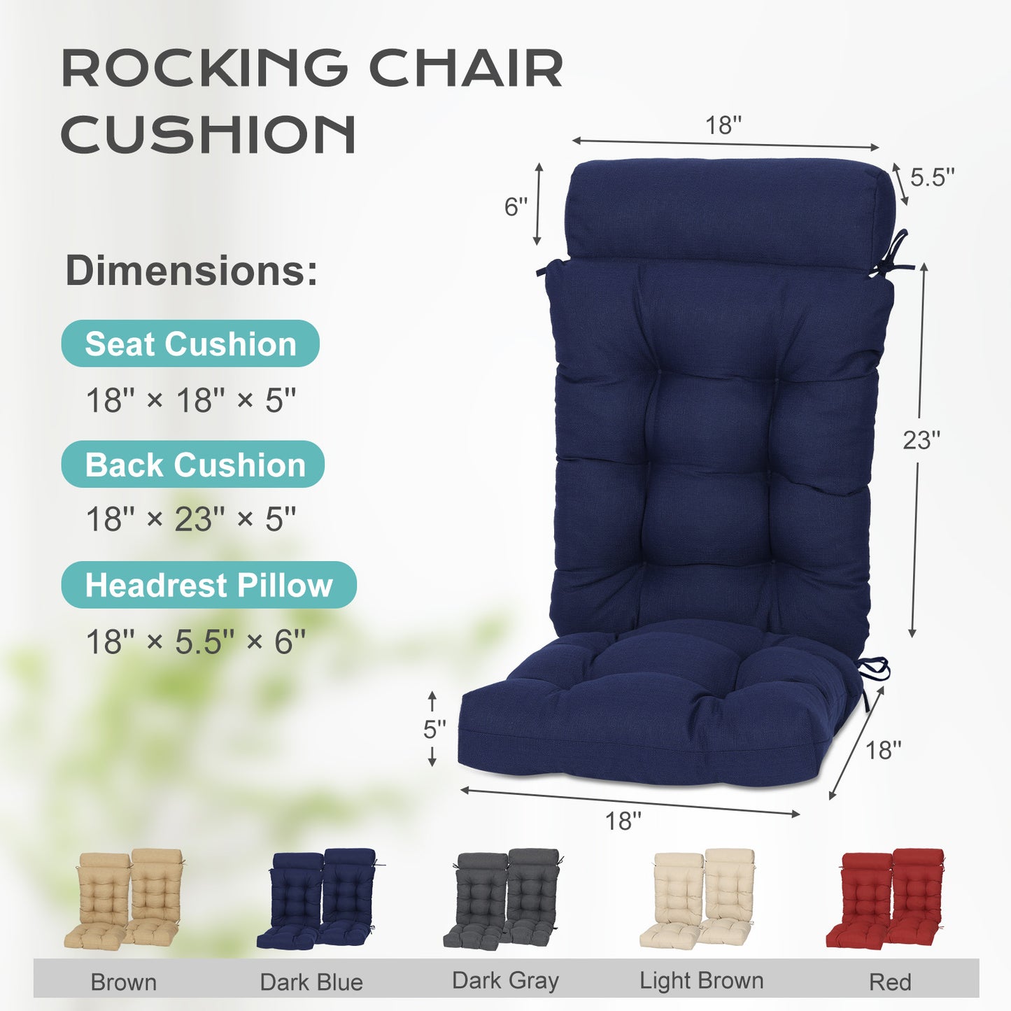 Tufted Outdoor High Back Rocking Chair Cushion Set of 2, Dark Blue