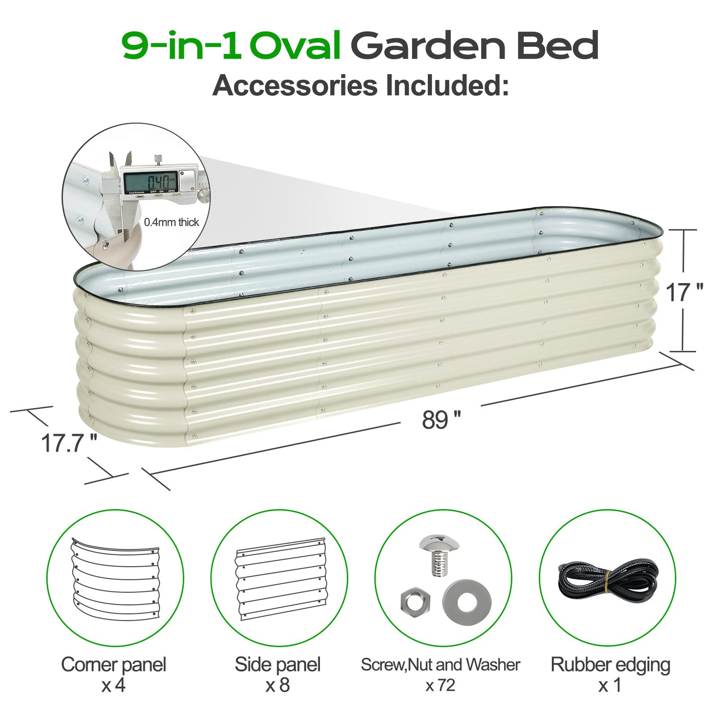 9-In-1 Oval Modular Metal Raised Garden Bed Kit, 89x17.7x17 inch