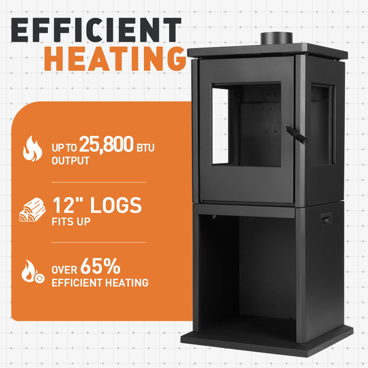 Black steel outdoor fireplace beside an infographic listing heat output, log capacity and heating efficiency.