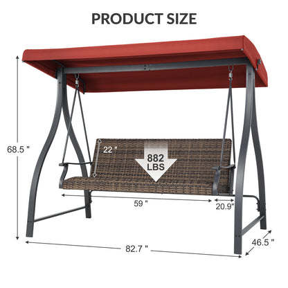 3-Seat Outdoor Rattan Patio Swing with Adjustable Canopy