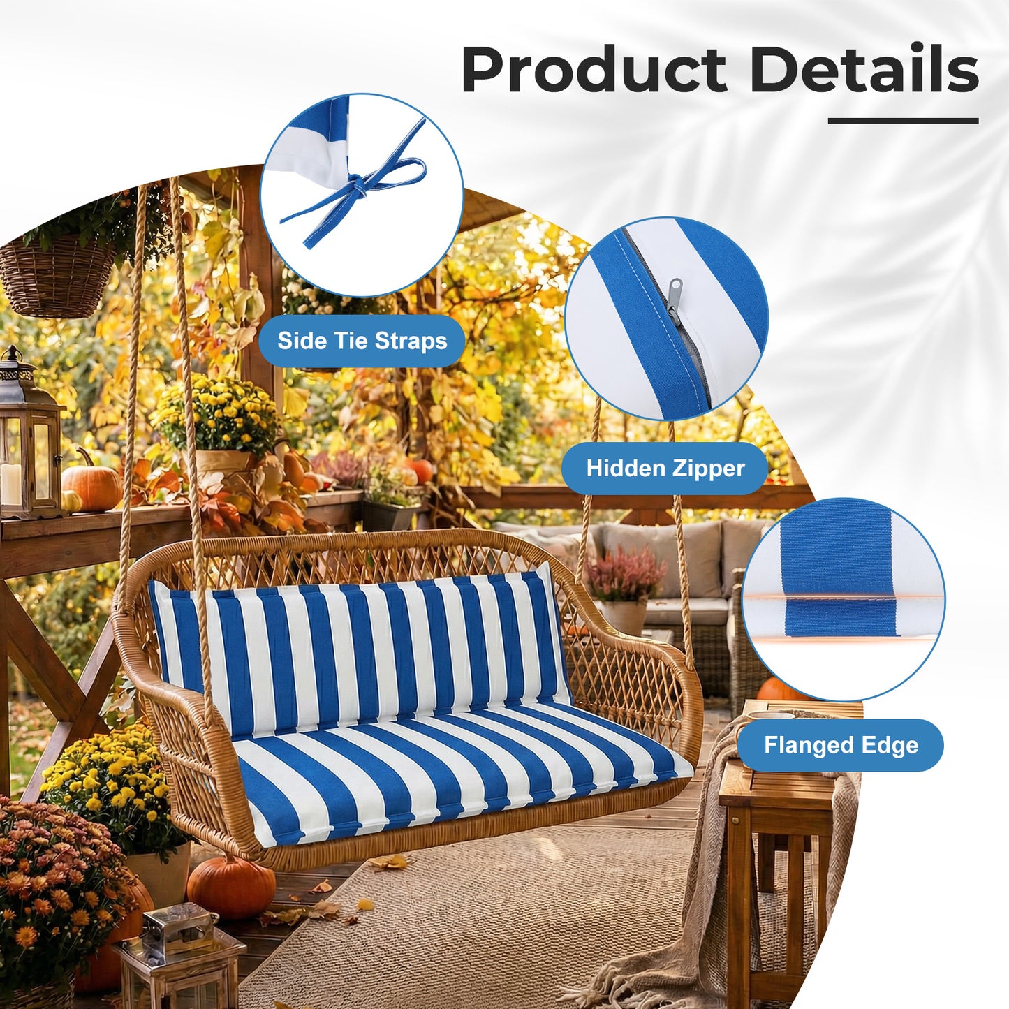 Outdoor 2-3 Seater Bench Cushion Set for Patio Swing and Bench, Blue Stripe